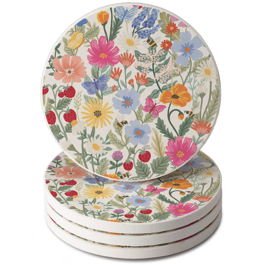 Thirstystone Wild Meadow 4 Pack Round Absorbent Stone Coasters 4" Diameter Manufactured in the USA