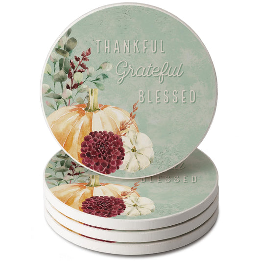 Thirstystone Grateful Thankful 4 Pack Round Absorbent Stone Coasters 4" Diameter
