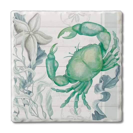 Thirstystone Beach Therapy Crab Single Tumbled Tile Stone Coaster with Protective Cork Backing Manufactured in The USA 4" Square, Colorful, Artistic, Easily Wipes Clean