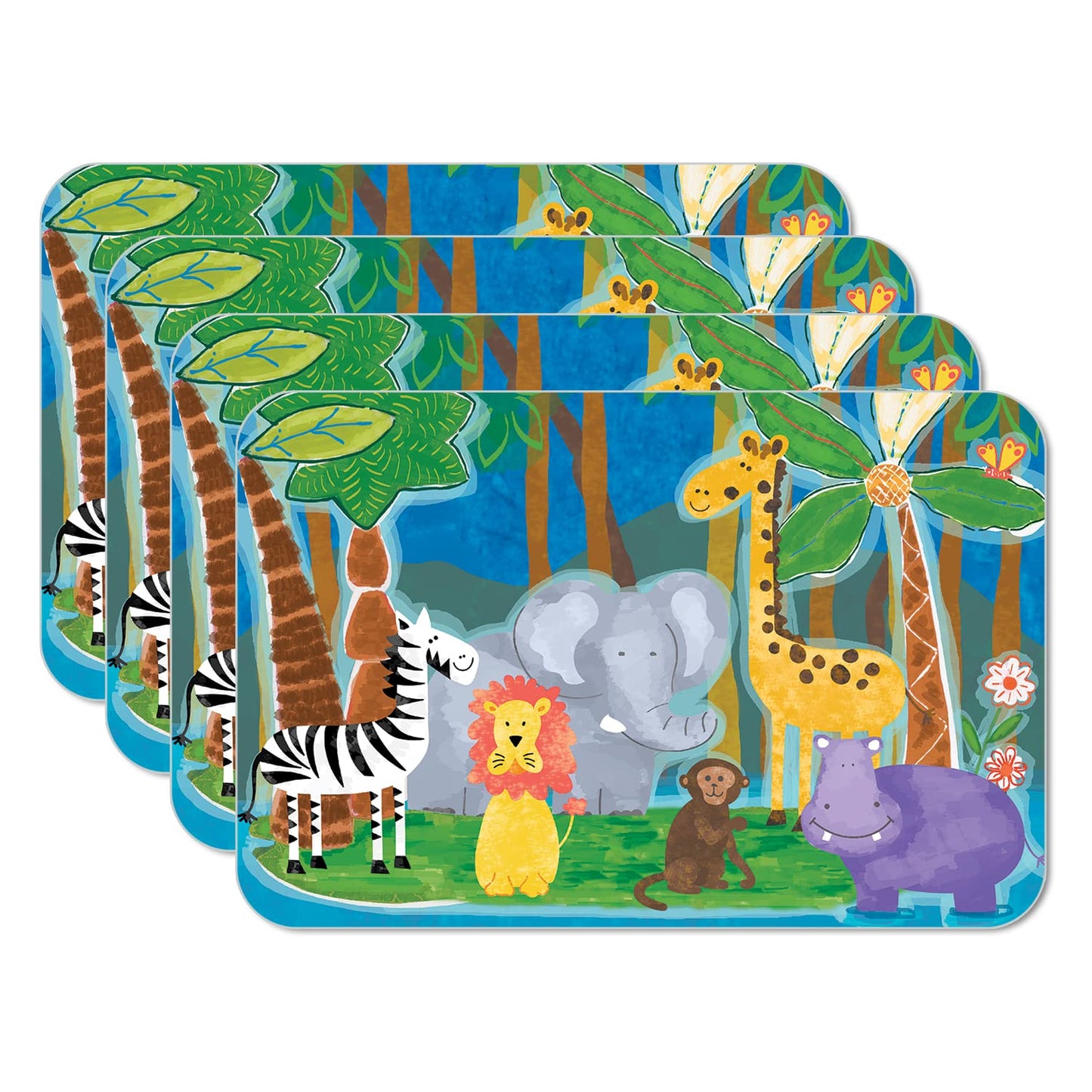 CounterArt Kids Jungle Friends 4 Pack Reversible Easy Care Flexible Placemats Made in the USA