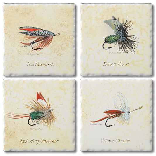 Thirstystone Fly Fishing Lures 4-Pack Assorted Tumbled Tile Stone Coasters 4" Square