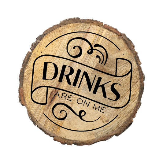 Thirstystone Drinks On Me 4-Pack Mango Wood Coasters with Bark Edges 4.5" Round Manufactured in The USA