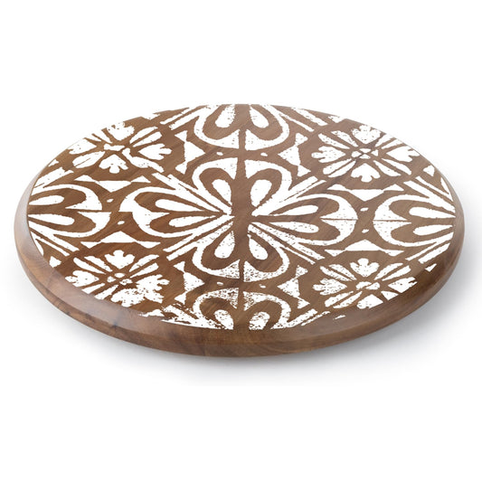 CounterArt White Tile Medallion Round Acacia Wood Lazy Susan Turntable 14" Diameter for Serving Kitchen Organization Condiment Caddy