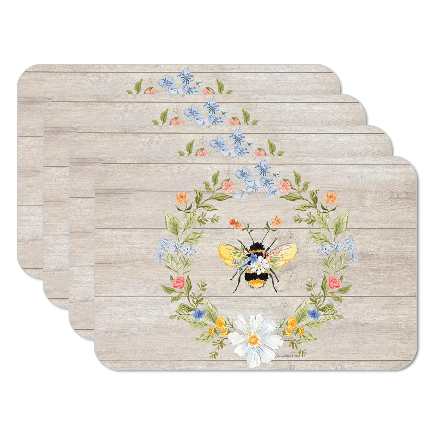 CounterArt Floral Bee 4 Pack Reversible Easy Care Flexible Placemats Made in the USA
