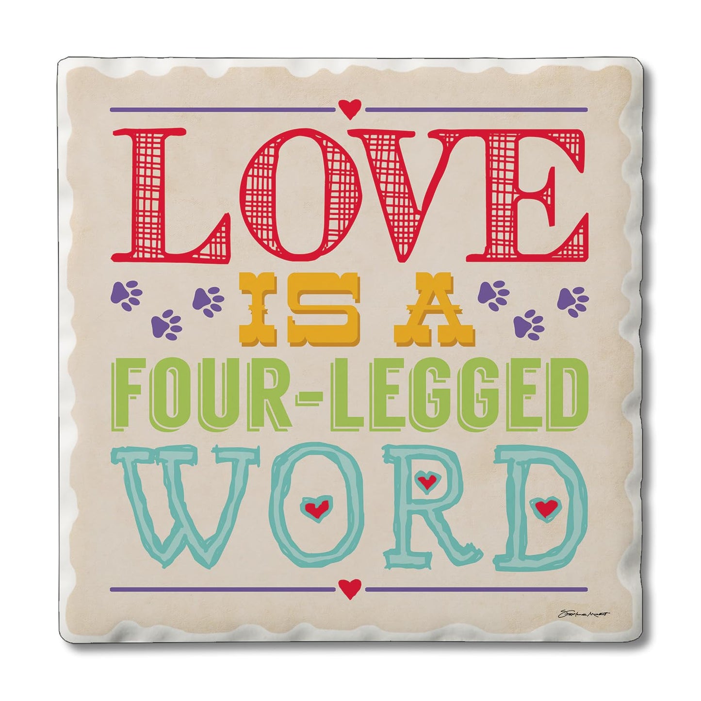 Thirstystone Love Four Legged Word Single Tumbled Tile Stone Coaster with Protective Cork Backing Manufactured in The USA 4" Square