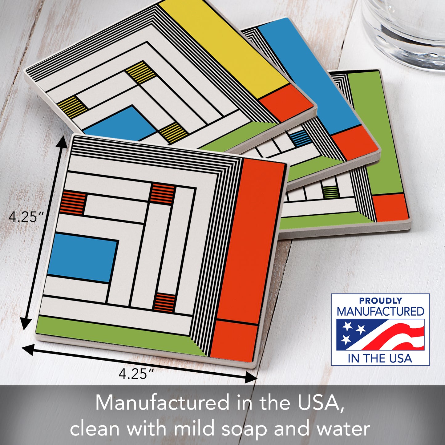 Harold Price Jr. Rug Design by Frank Lloyd Wright 4-Pack Assorted Stone Coasters with Protective Cork Backing Manufactured in The USA Absorbent Easily Wipes Clean