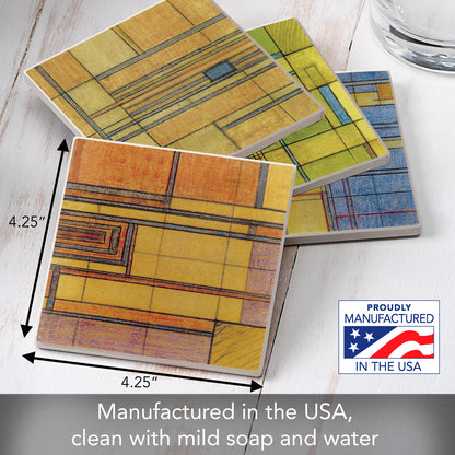 Hillside Rug Assorted Designs by Frank Lloyd Wright 4-Pack Stone Coasters with Protective Cork Backing Manufactured in The USA Absorbent Easily Wipes Clean