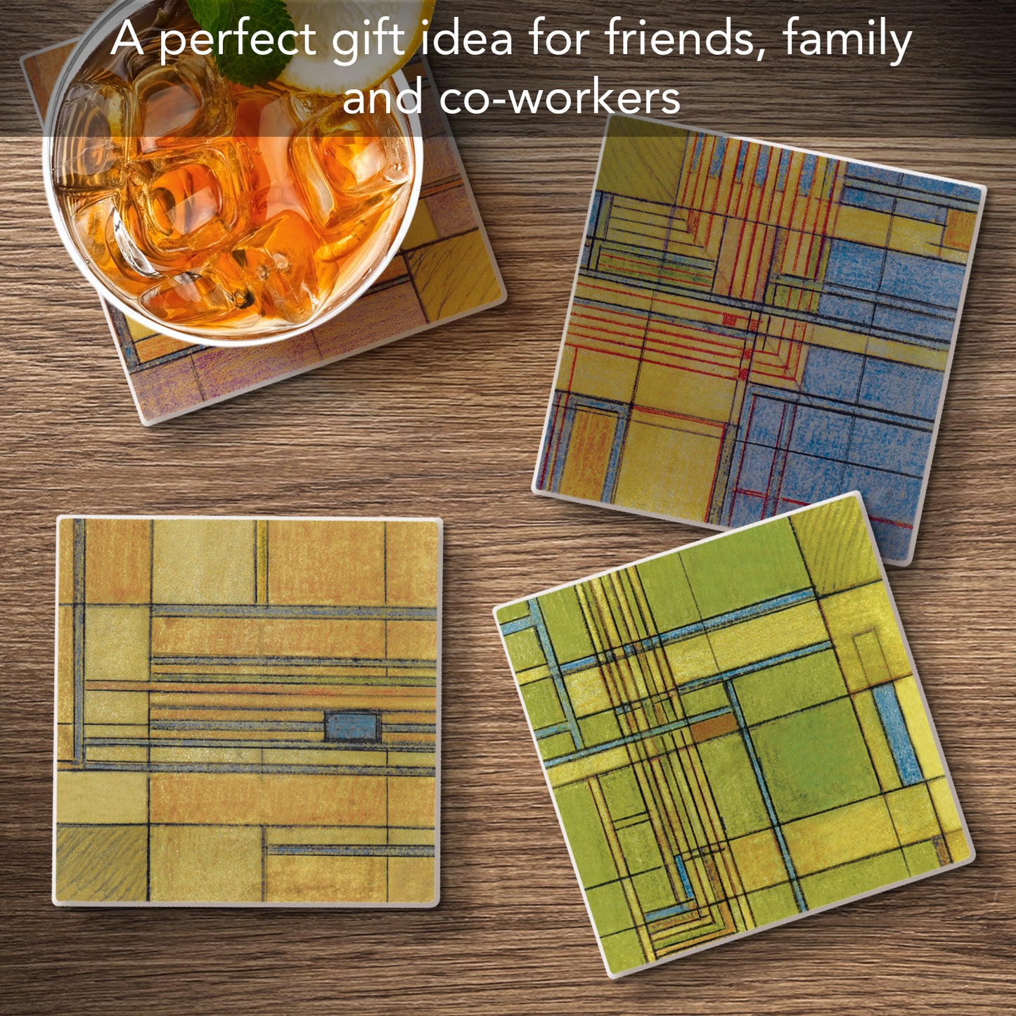 Hillside Rug Assorted Designs by Frank Lloyd Wright 4-Pack Stone Coasters with Protective Cork Backing Manufactured in The USA Absorbent Easily Wipes Clean