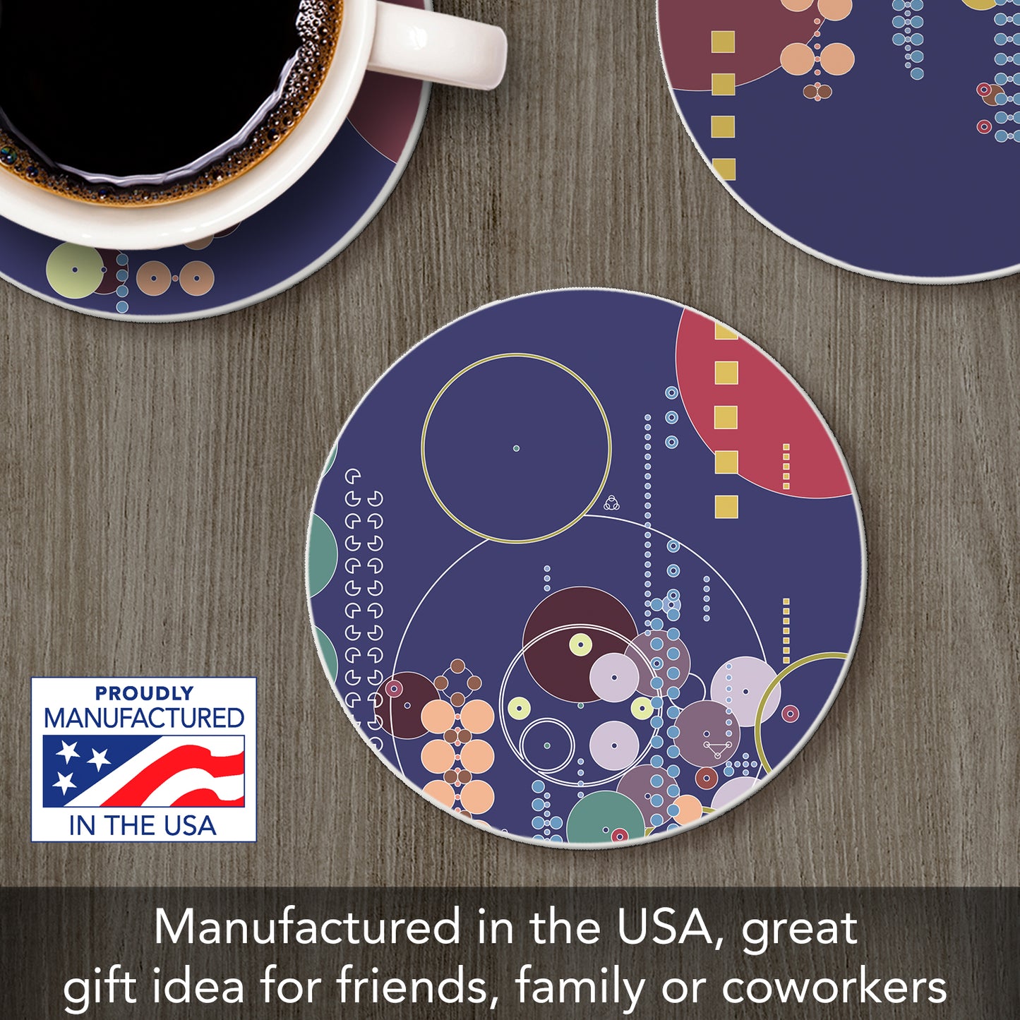 Midway Mural Assorted Designs by Frank Lloyd Wright 4 Pack Round Absorbent Stone Coasters with Protective Cork Backing Manufactured in The USA