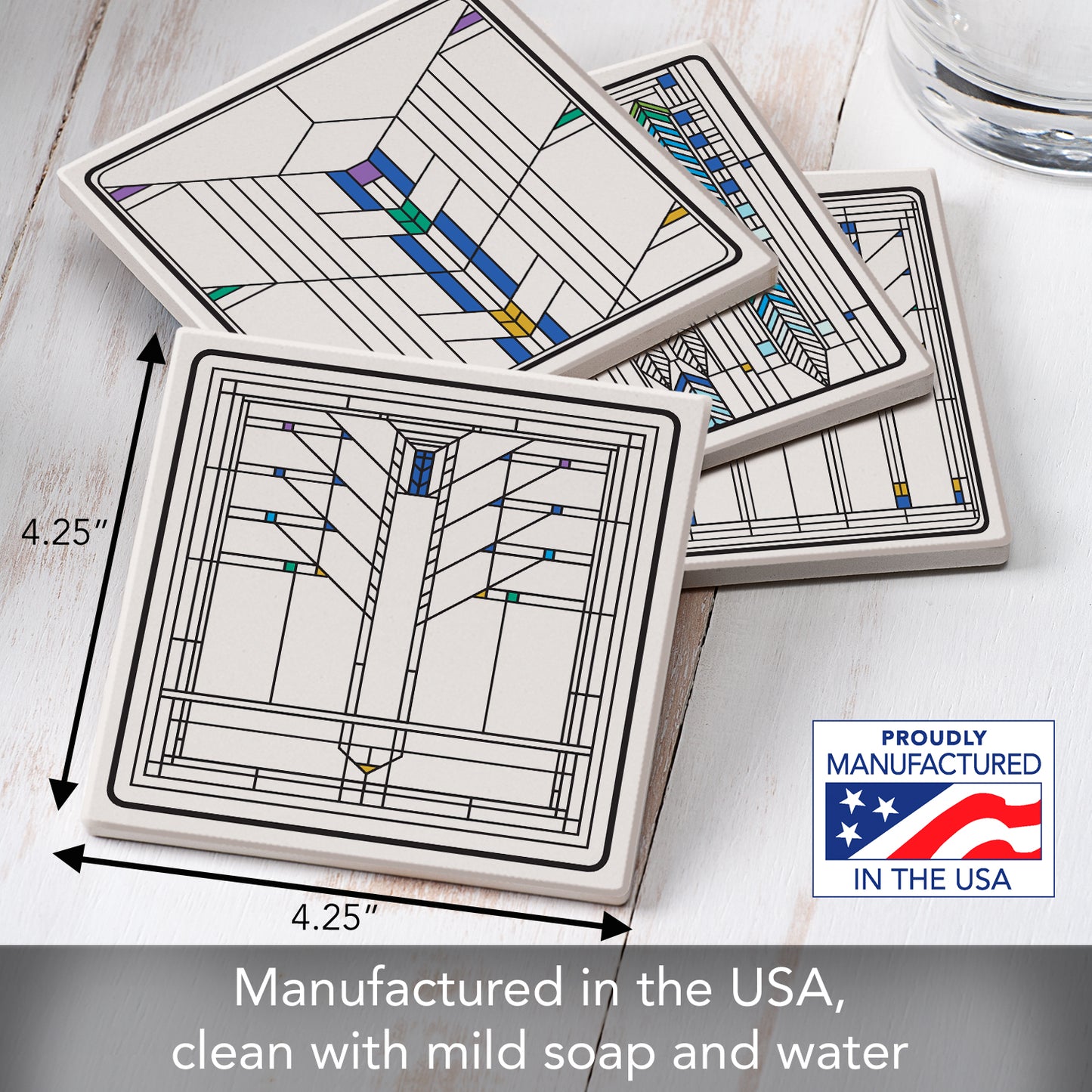 Ennis House Window Assorted Designs by Frank Lloyd Wright 4-Pack Stone Coasters with Protective Cork Backing Manufactured in The USA Absorbent Easily Wipes Clean