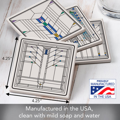 Ennis House Window Assorted Designs by Frank Lloyd Wright 4-Pack Stone Coasters with Protective Cork Backing Manufactured in The USA Absorbent Easily Wipes Clean