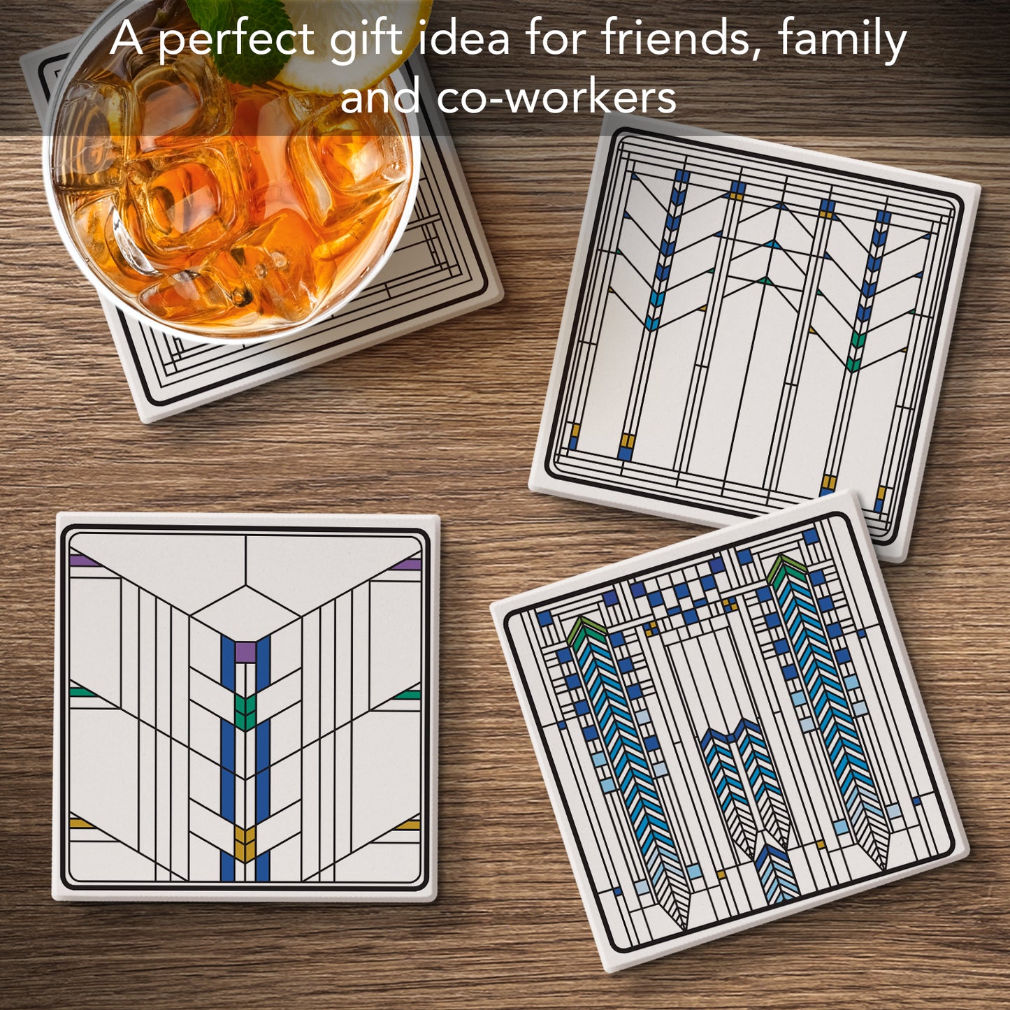 Ennis House Window Assorted Designs by Frank Lloyd Wright 4-Pack Stone Coasters with Protective Cork Backing Manufactured in The USA Absorbent Easily Wipes Clean