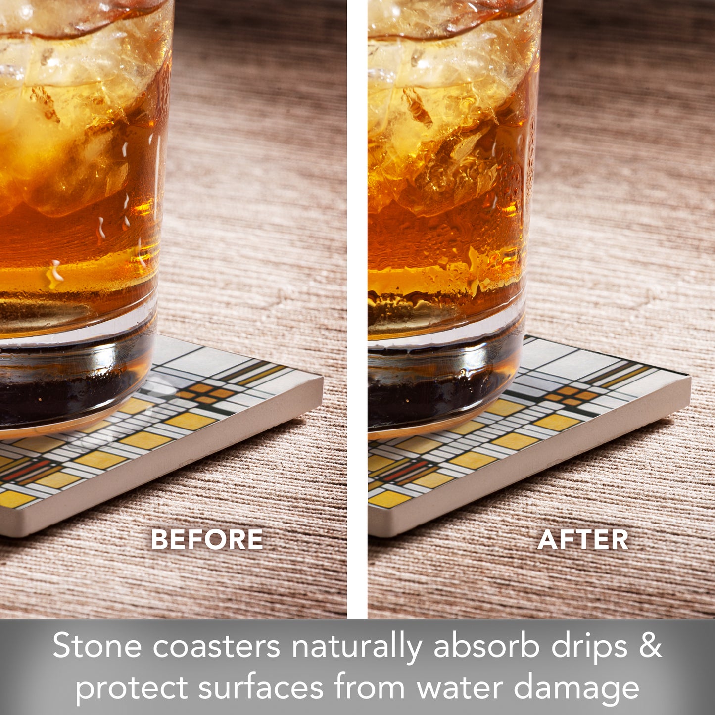 Assorted Art Glass Collection by Frank Lloyd Wright 4-Pack Assorted Stone Coasters with Protective Cork Backing Manufactured in The USA Absorbent Easily Wipes Clean
