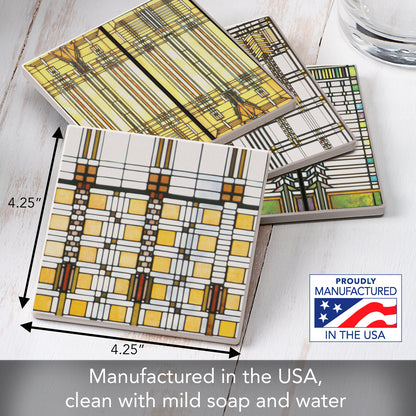 Assorted Art Glass Collection by Frank Lloyd Wright 4-Pack Assorted Stone Coasters with Protective Cork Backing Manufactured in The USA Absorbent Easily Wipes Clean