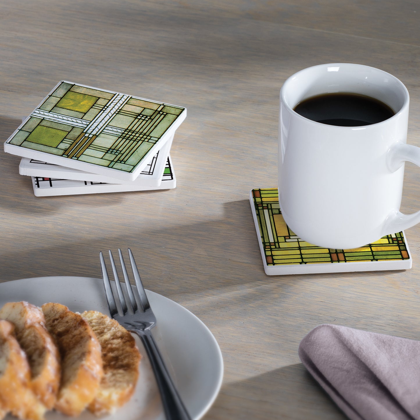 Assorted Art Glass Designs by Frank Lloyd Wright 4-Pack Absorbent Stone Coasters 4" Square