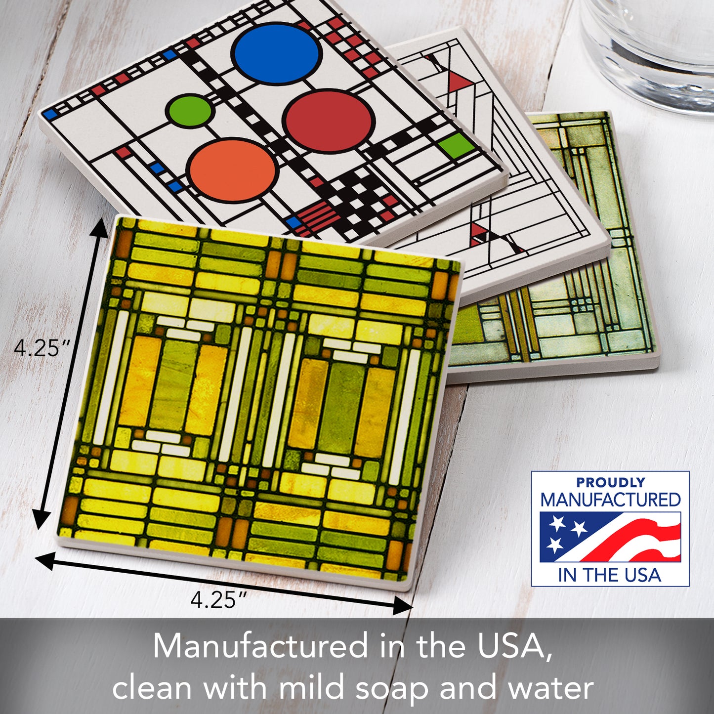 Assorted Art Glass Designs by Frank Lloyd Wright 4-Pack Absorbent Stone Coasters 4" Square