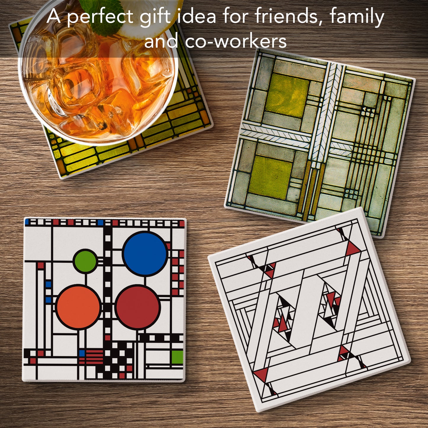 Assorted Art Glass Designs by Frank Lloyd Wright 4-Pack Absorbent Stone Coasters 4" Square