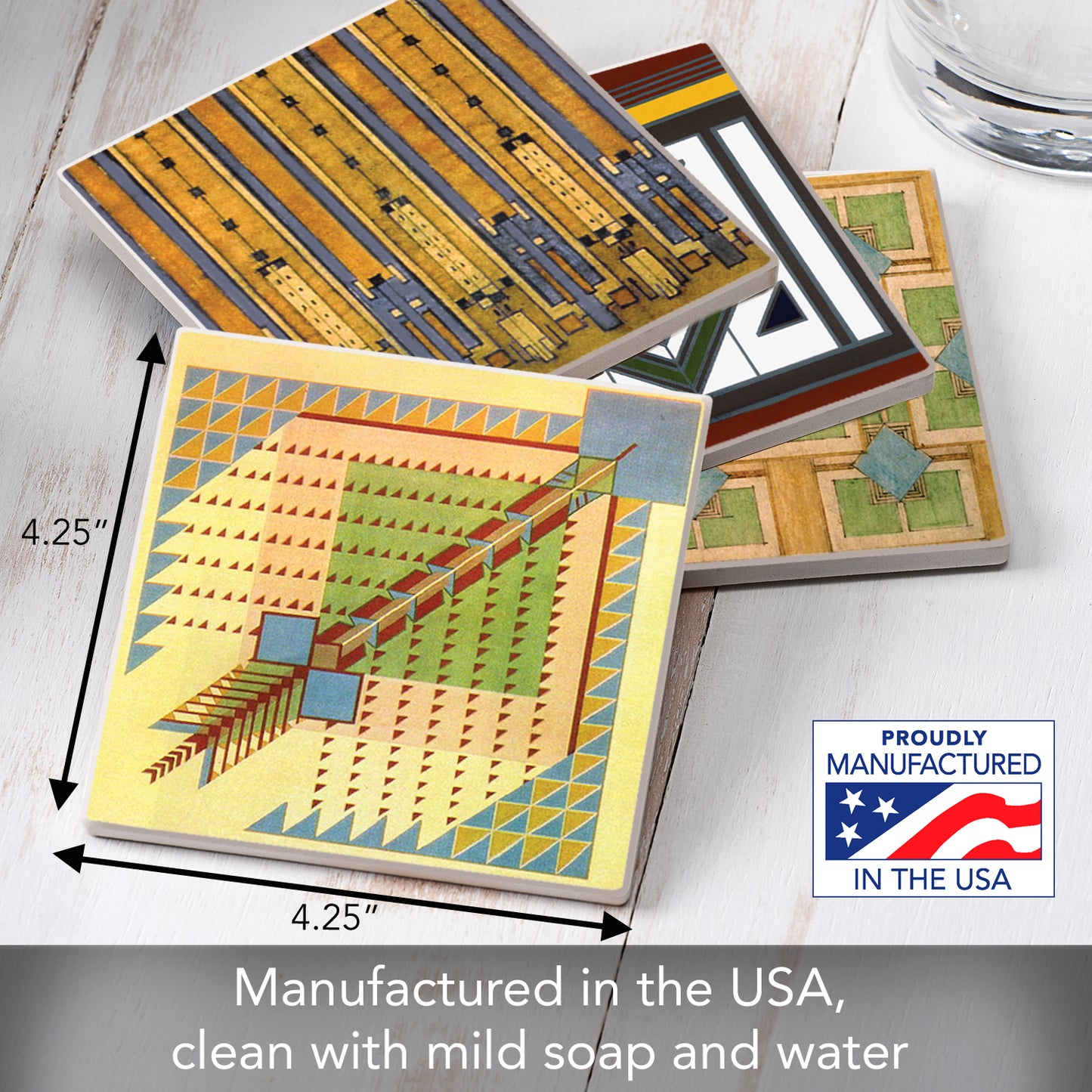 Assorted Rug Designs by Frank Lloyd Wright 4-Pack Absorbent Stone Coasters 4" Square