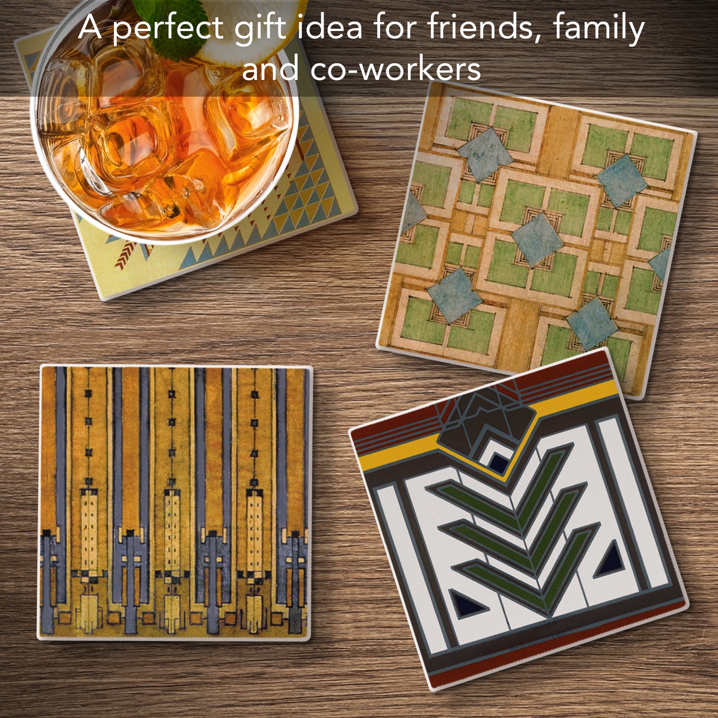 Assorted Rug Designs by Frank Lloyd Wright 4-Pack Absorbent Stone Coasters 4" Square
