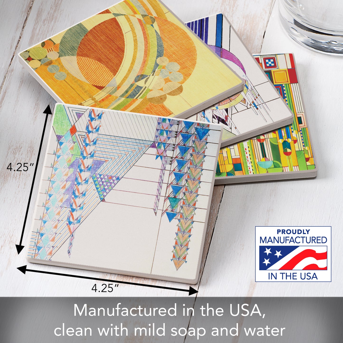 Liberty Covers I Assorted Designs by Frank Lloyd Wright 4-Pack Stone Coasters with Protective Cork Backing Manufactured in The USA Absorbent Easily Wipes Clean