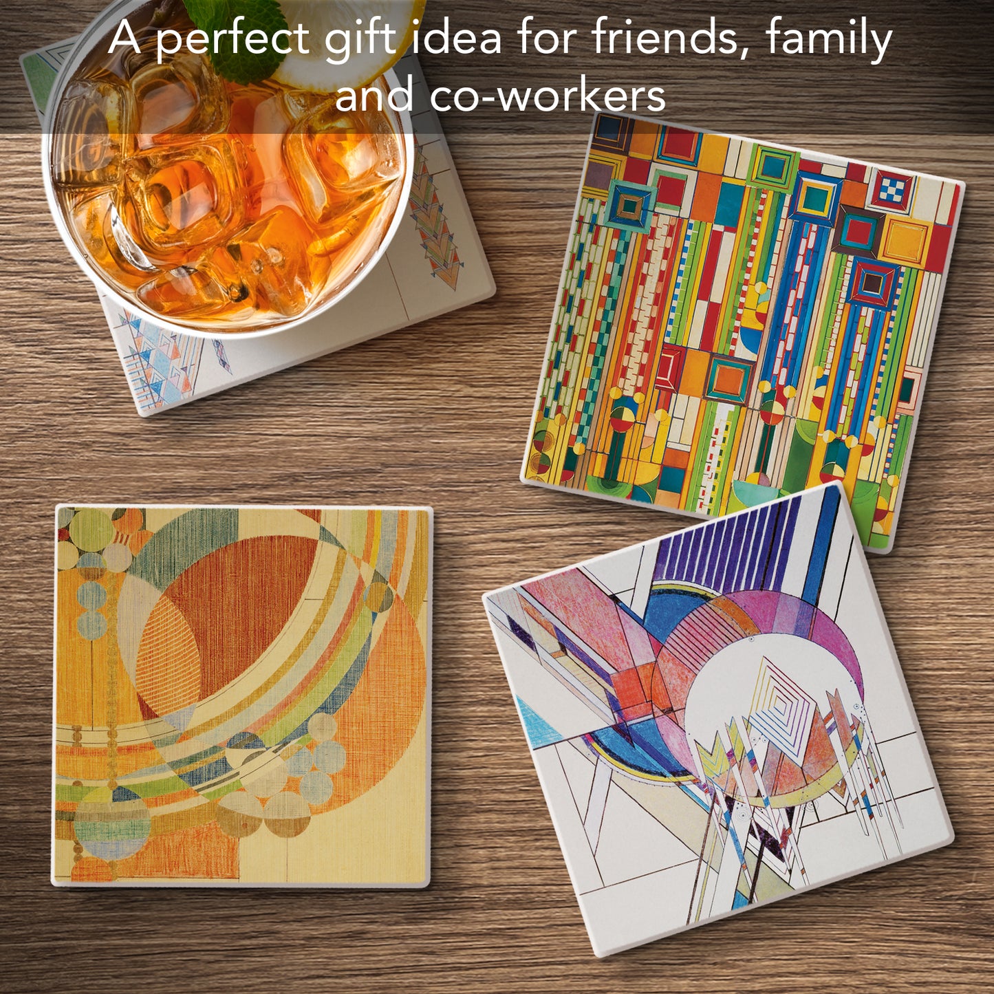 Liberty Covers I Assorted Designs by Frank Lloyd Wright 4-Pack Stone Coasters with Protective Cork Backing Manufactured in The USA Absorbent Easily Wipes Clean
