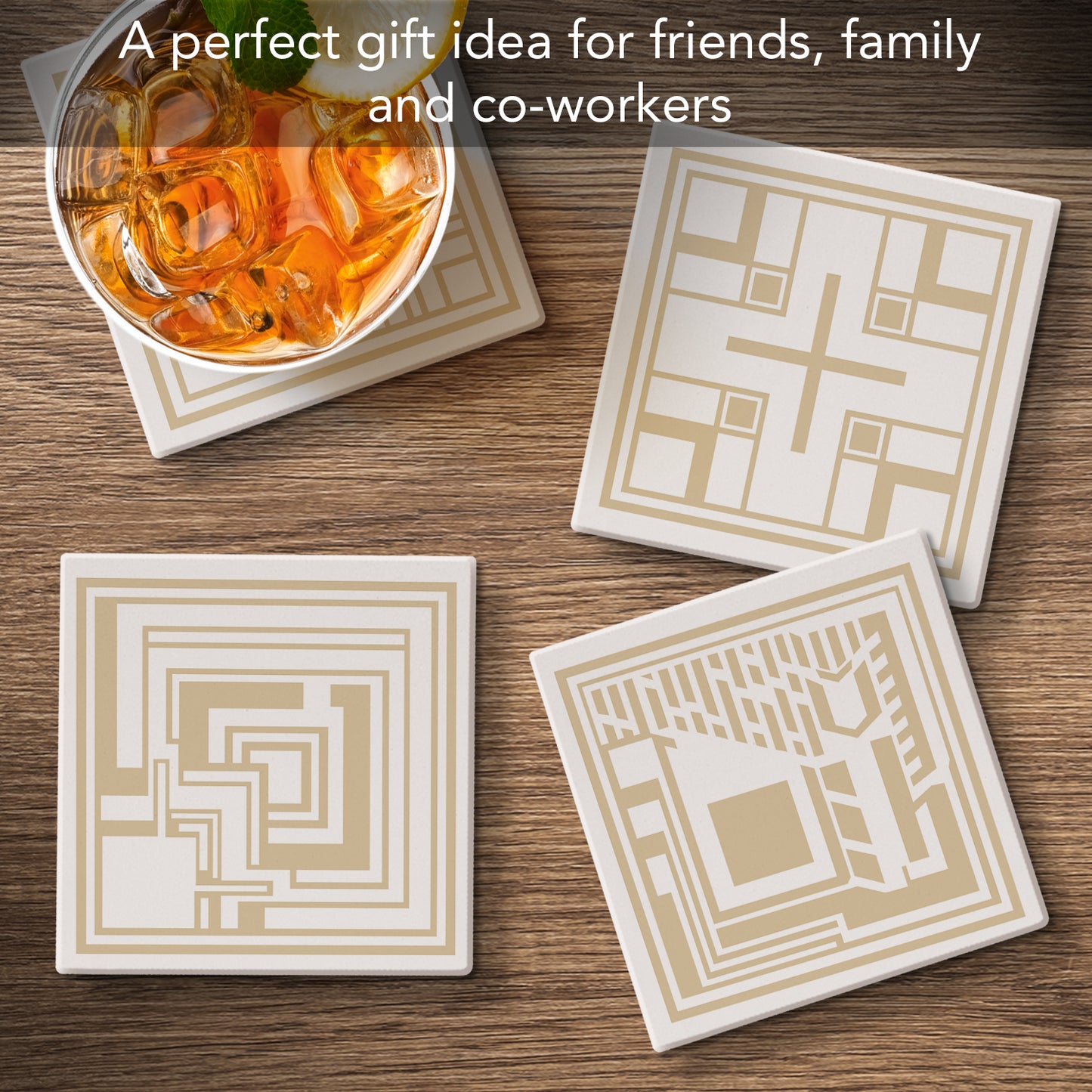 Textile Blocks Designs from F.L.W. Foundation on 4-Pack Assorted Stone Coasters with Protective Cork Backing Manufactured in The USA Absorbent Easily Wipes Clean