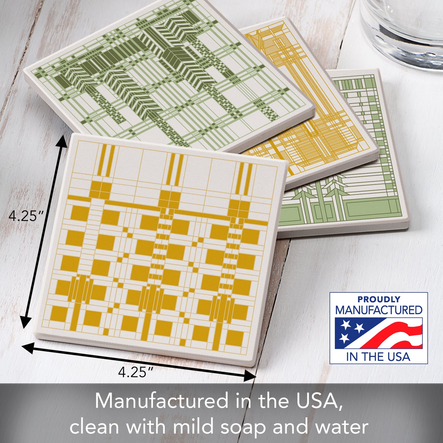 Art Glass Patterns by Frank Lloyd Wright 4-Pack Assorted Stone Coasters with Protective Cork Backing Manufactured in The USA Absorbent Easily Wipes Clean