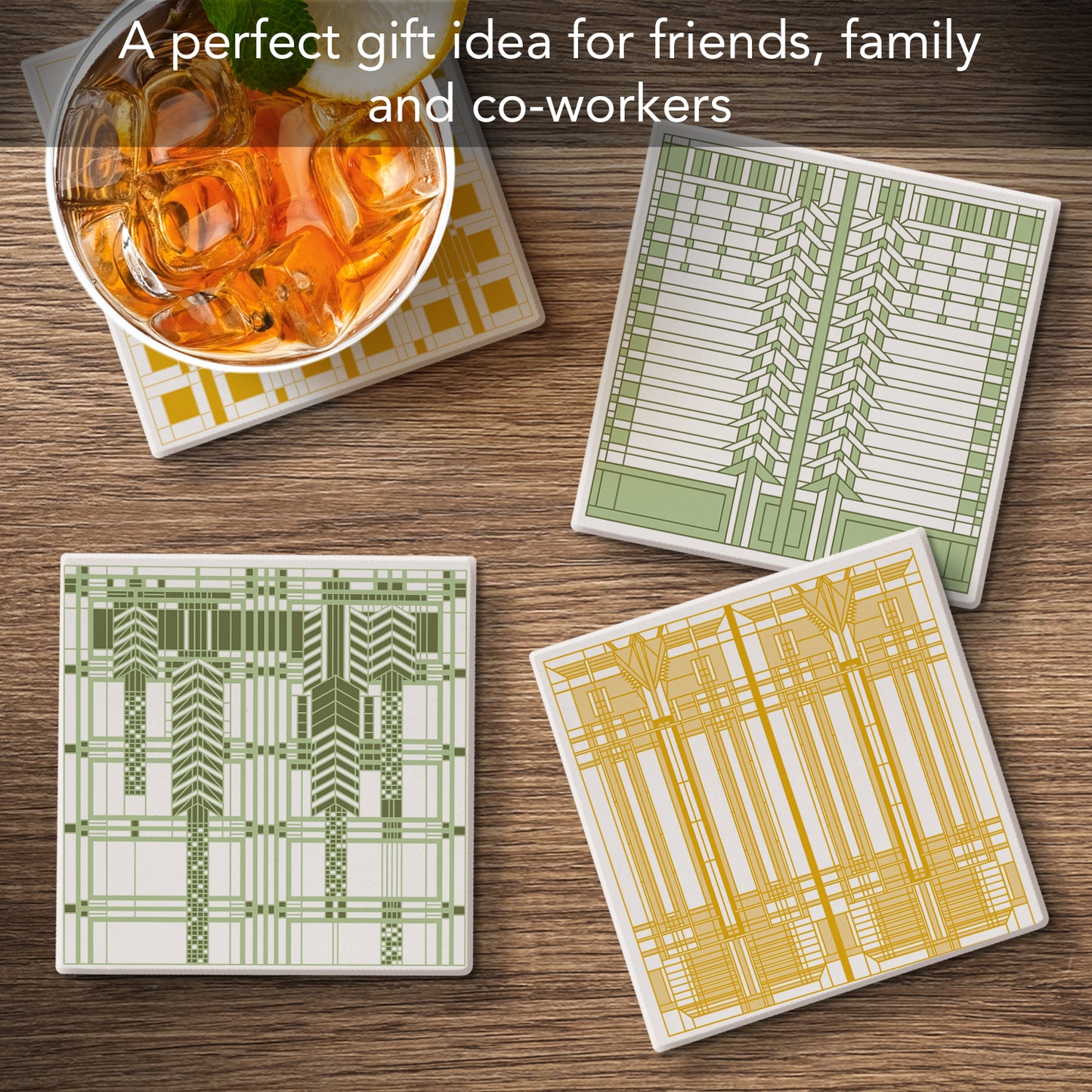 Art Glass Patterns by Frank Lloyd Wright 4-Pack Assorted Stone Coasters with Protective Cork Backing Manufactured in The USA Absorbent Easily Wipes Clean