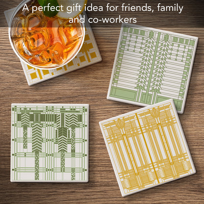 Art Glass Patterns by Frank Lloyd Wright 4-Pack Assorted Stone Coasters with Protective Cork Backing Manufactured in The USA Absorbent Easily Wipes Clean