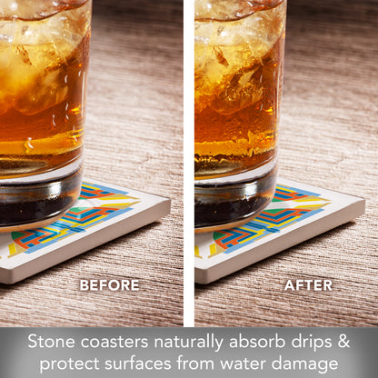 OYA Pier Carving from F.L.W. Foundation on 4-Pack Assorted Stone Coasters with Protective Cork Backing Manufactured in The USA Absorbent Easily Wipes Clean