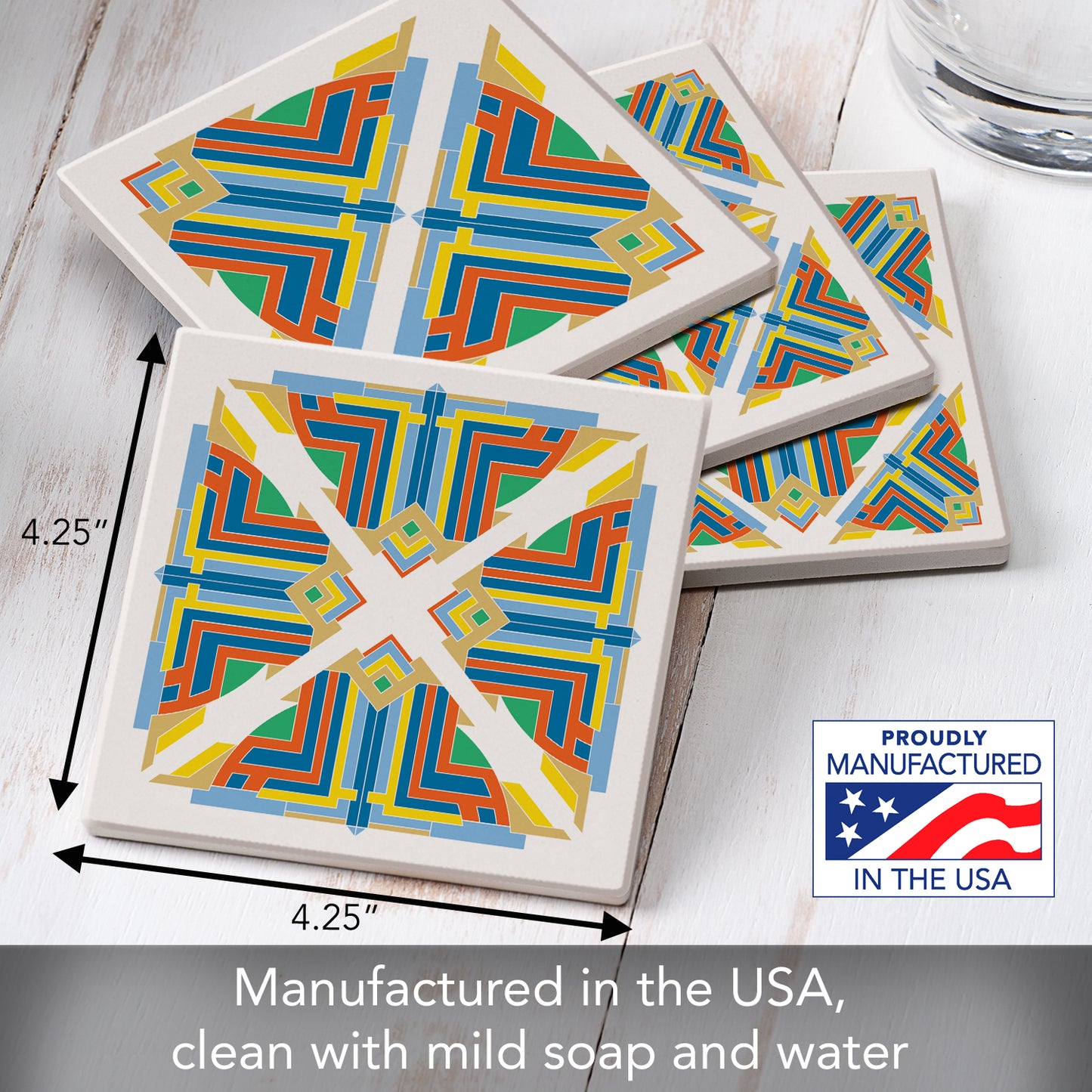 OYA Pier Carving from F.L.W. Foundation on 4-Pack Assorted Stone Coasters with Protective Cork Backing Manufactured in The USA Absorbent Easily Wipes Clean