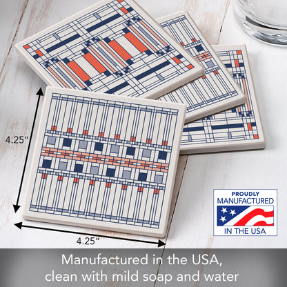 Oak Park Assorted Designs by Frank Lloyd Wright 4-Pack Stone Coasters with Protective Cork Backing Manufactured in The USA Absorbent Easily Wipes Clean
