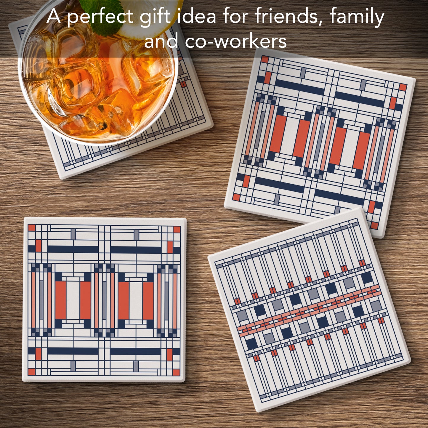 Oak Park Assorted Designs by Frank Lloyd Wright 4-Pack Stone Coasters with Protective Cork Backing Manufactured in The USA Absorbent Easily Wipes Clean