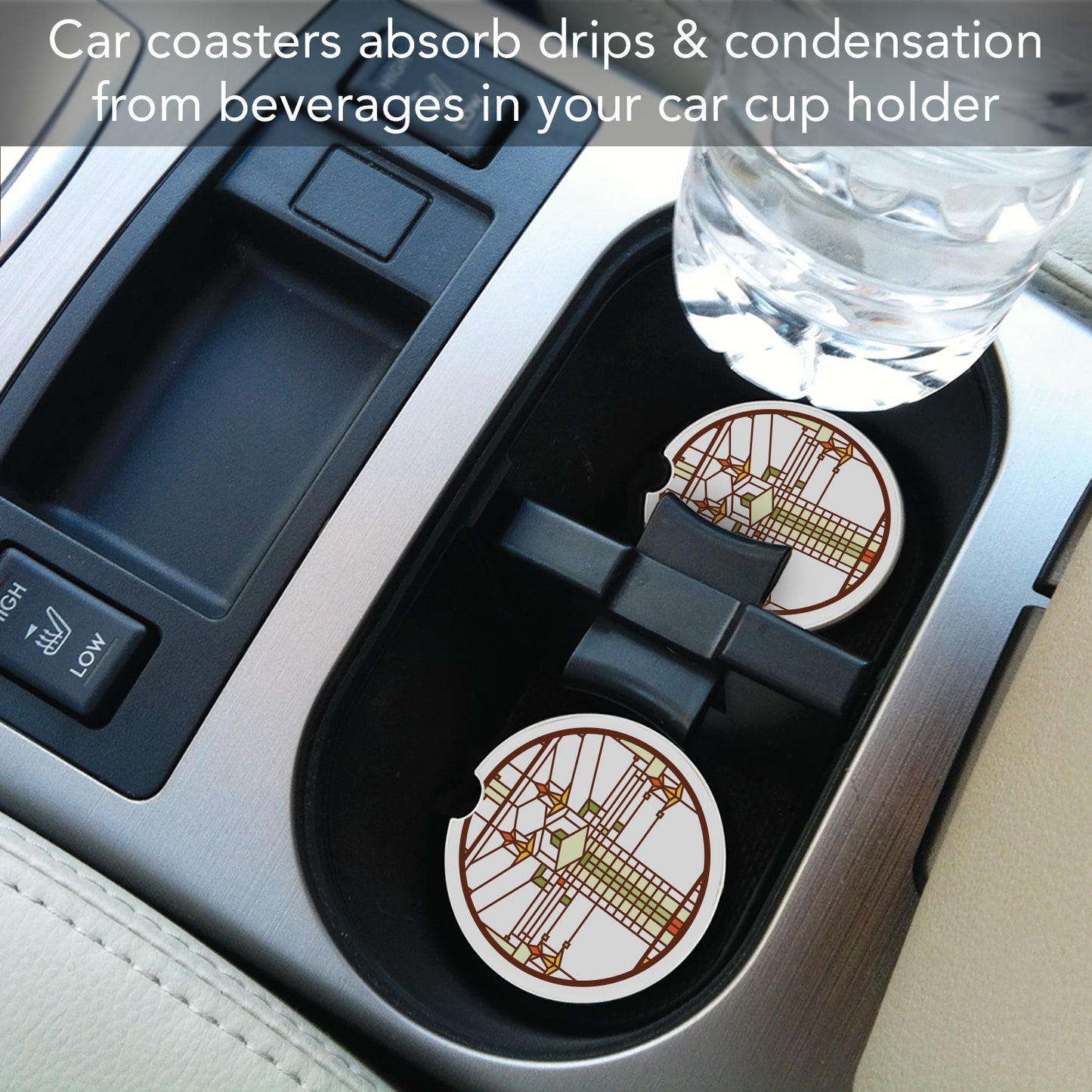 Harley Bradley House Design from Frank Lloyd Wright Foundation on 2-Pack Absorbent Stone Car Coasters 2.6” Diameter Manufactured in The USA