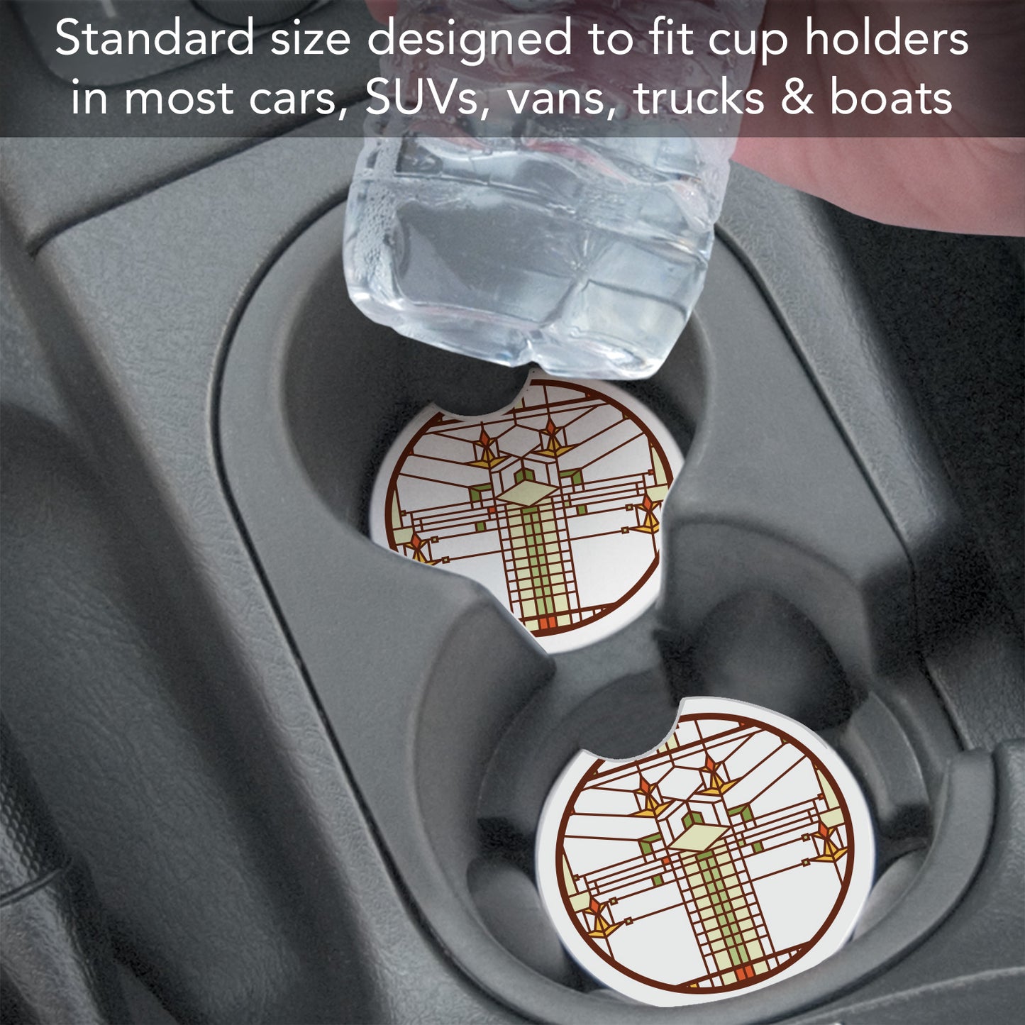 Harley Bradley House Design from Frank Lloyd Wright Foundation on 2-Pack Absorbent Stone Car Coasters 2.6” Diameter Manufactured in The USA