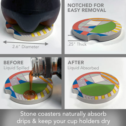 Hoffman Rug Design IV from Frank Lloyd Wright Foundation on 2-Pack Absorbent Stone Car Coasters 2.6” Diameter Manufactured in The USA
