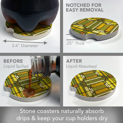 Oak Park Design from Frank Lloyd Wright Foundation on 2-Pack Absorbent Stone Car Coasters 2.6” Diameter Manufactured in The USA