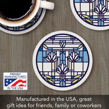 Waterlilies Design by Frank Lloyd Wright 4 Pack Round Absorbent Stone Coasters 4" Diameter
