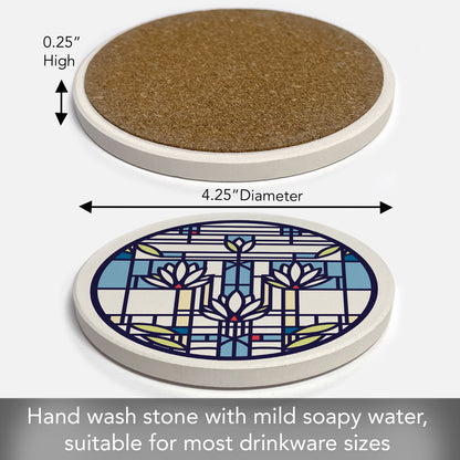 Waterlilies Design by Frank Lloyd Wright 4 Pack Round Absorbent Stone Coasters 4" Diameter