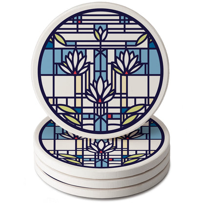 Waterlilies Design by Frank Lloyd Wright 4 Pack Round Absorbent Stone Coasters 4" Diameter
