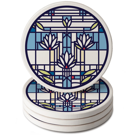 Waterlilies Design by Frank Lloyd Wright 4 Pack Round Absorbent Stone Coasters 4" Diameter