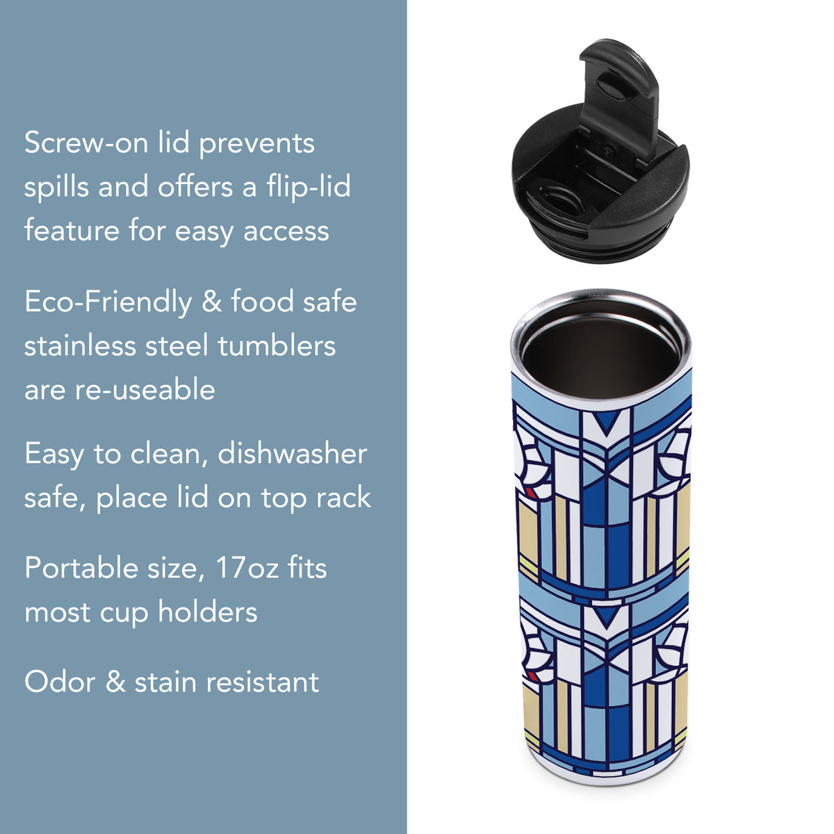 Frank Lloyd Wright's Waterlilies on 17 Ounce Insulated Stainless Steel Tumbler Manufactured in the USA