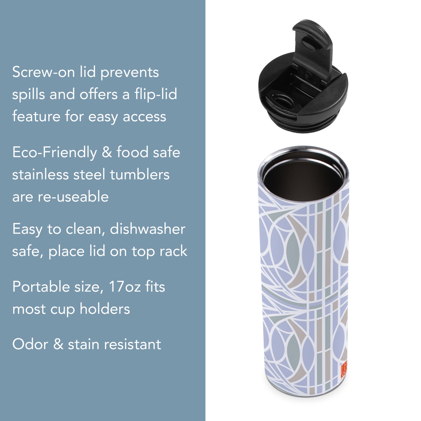 Highland Home Blossom Design by Frank Lloyd Wright on 17 Ounce Double Wall Insulated Stainless Steel Tumbler Manufactured in the USA
