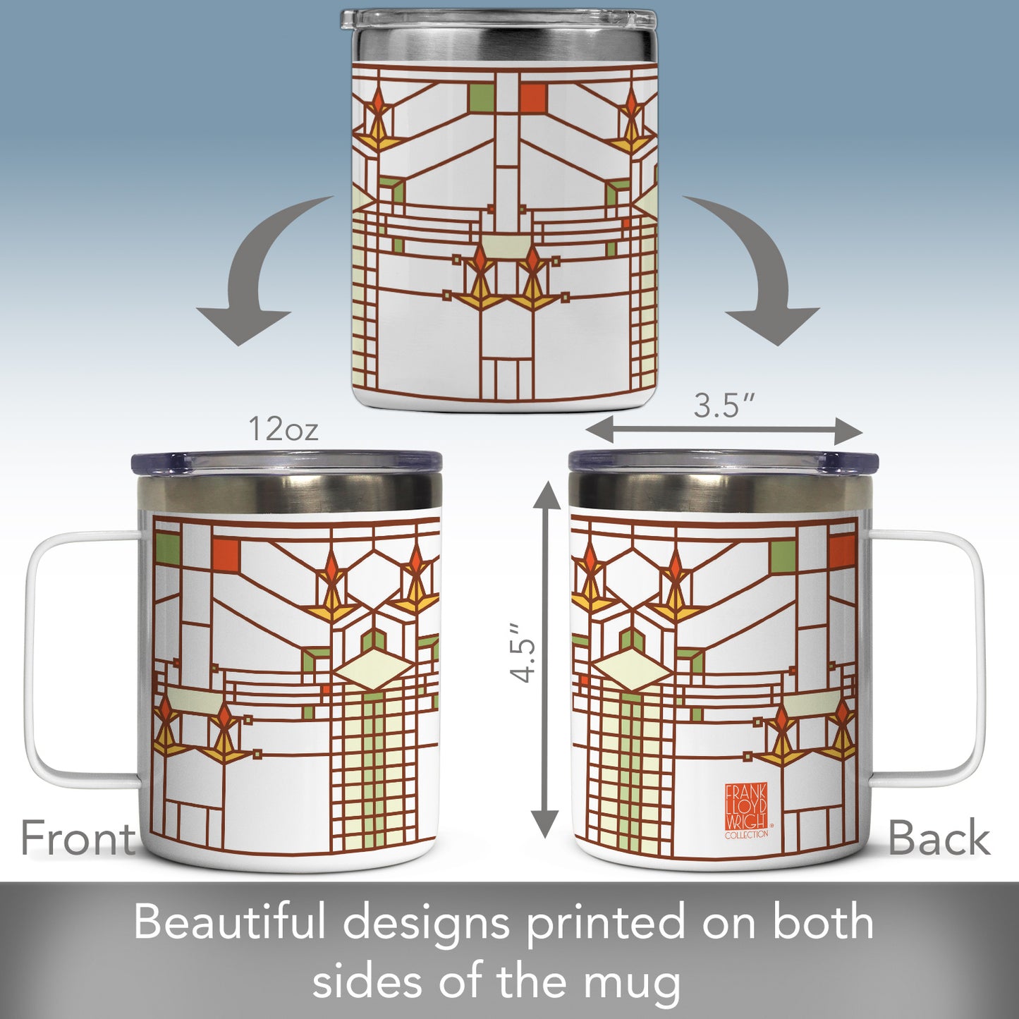 Highland Home B. Harley Bradley House Design by Frank Lloyd Wright on Stainless Steel Mug with Lid 12 oz. Manufactured in the USA