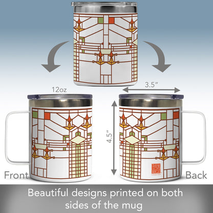Highland Home B. Harley Bradley House Design by Frank Lloyd Wright on Stainless Steel Mug with Lid 12 oz. Manufactured in the USA