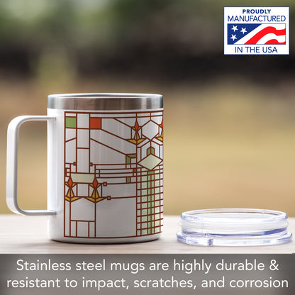 Highland Home B. Harley Bradley House Design by Frank Lloyd Wright on Stainless Steel Mug with Lid 12 oz. Manufactured in the USA