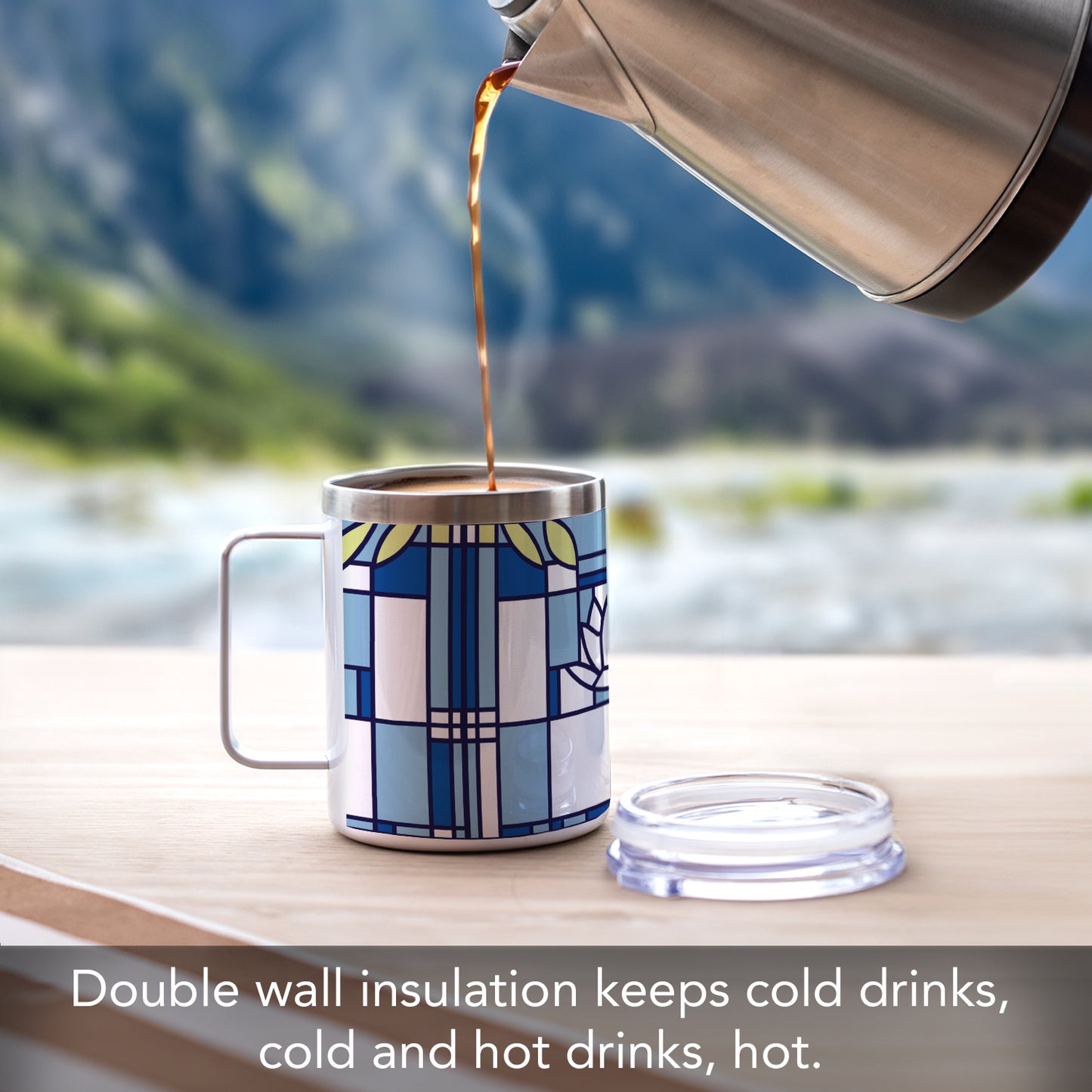 Highland Home Waterlilies Design by Frank Lloyd Wright on Stainless Steel Mug with Lid 12 oz. Manufactured in the USA