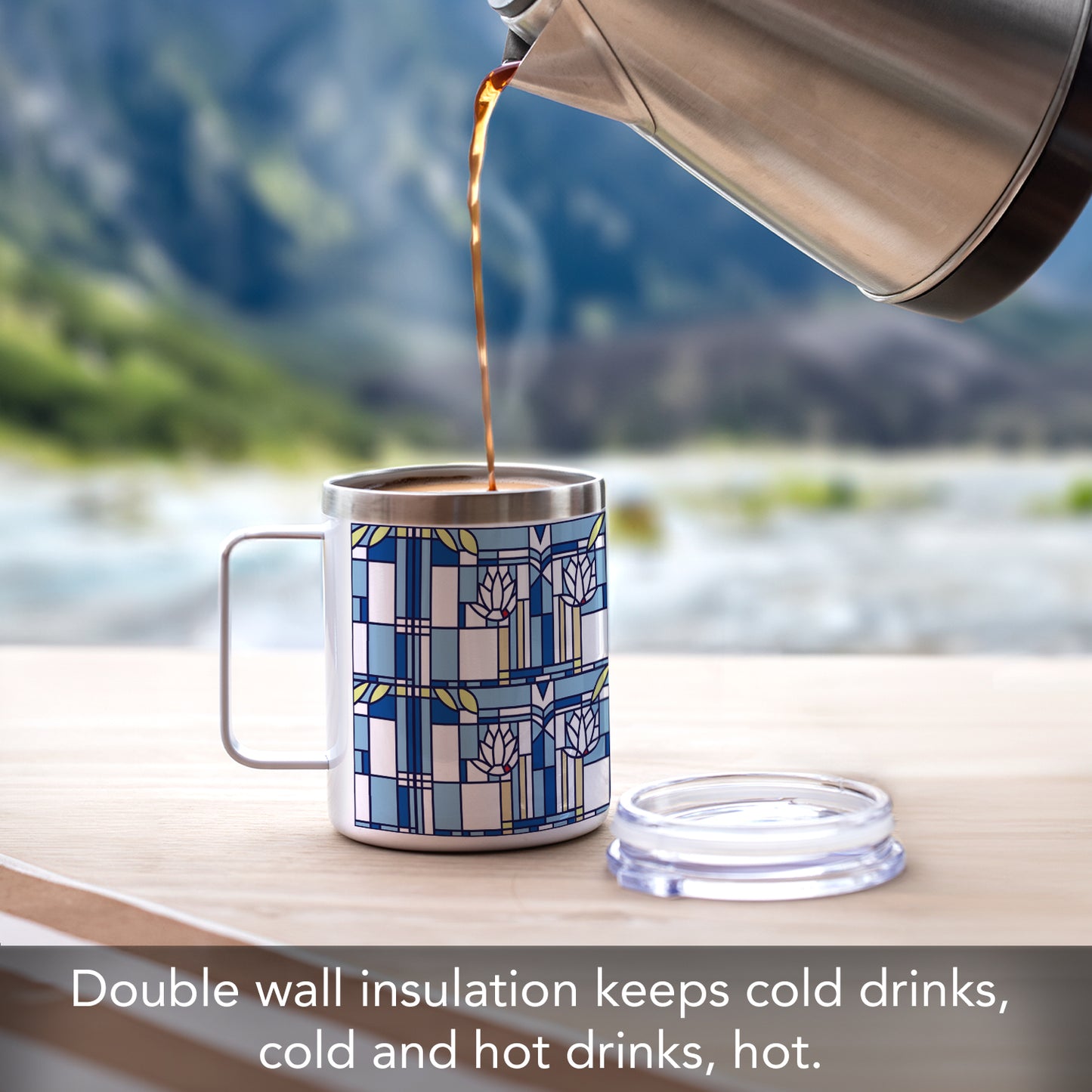 Frank Lloyd Wright's Waterlilies Design on Stainless Steel Mug with Lid 12 oz. Manufactured in the USA