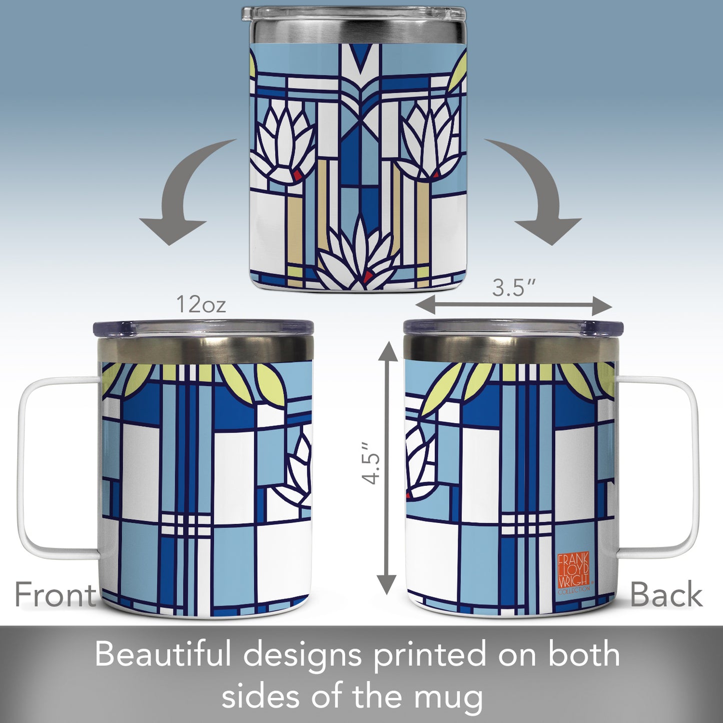Highland Home Waterlilies Design by Frank Lloyd Wright on Stainless Steel Mug with Lid 12 oz. Manufactured in the USA