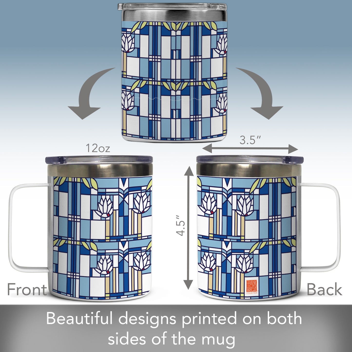 Frank Lloyd Wright's Waterlilies Design on Stainless Steel Mug with Lid 12 oz. Manufactured in the USA